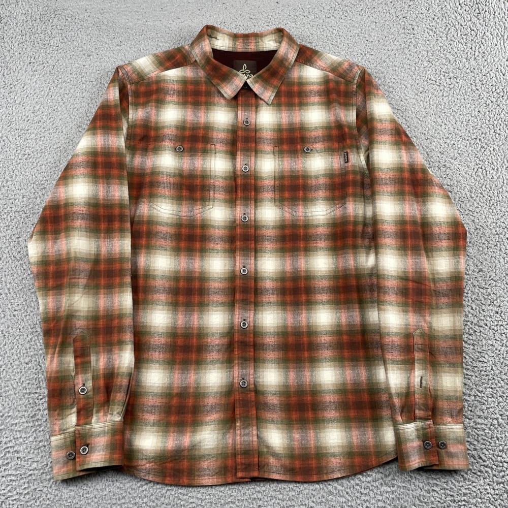 prAna Shirt Mens Large Brown Plaid Breathe Organic Cotton Long Sleeve Button Up
